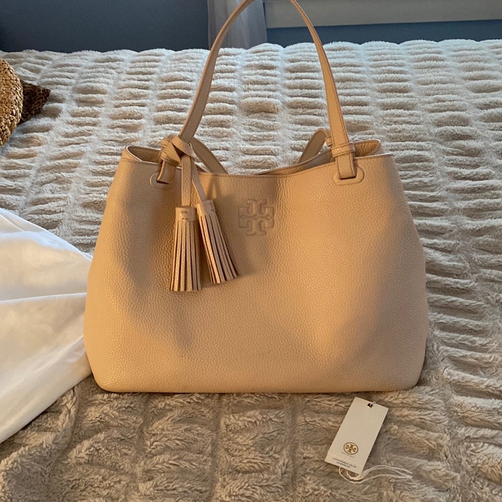 Large leather Tory Burch Thea tote. Color is melon.